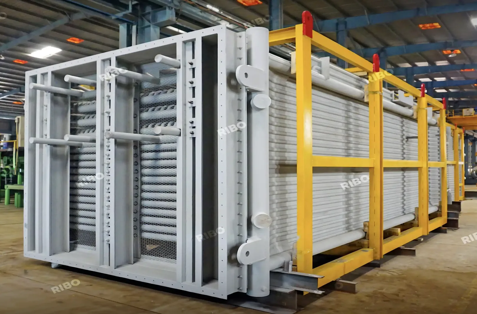 Side profile of superheater module showing tube grid and mounting connectors